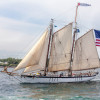 Gaff rigged white schooner